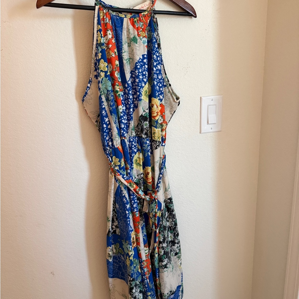 One-Shoulder Floral Patchwork Midi Dress in Blue and Cream